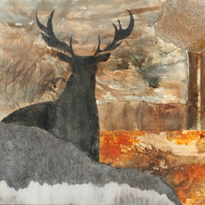 Cerf, 100x120 cm, encre, collage et peinture